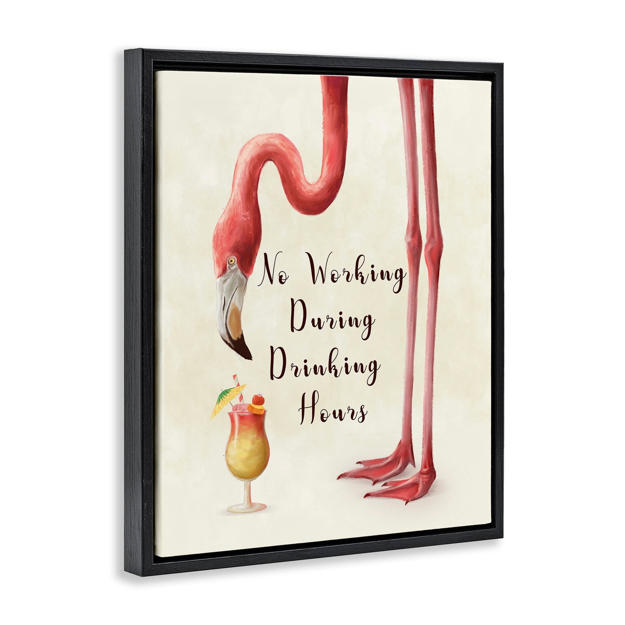 Stupell Industries No Working During Drinking Hours Phrase Tropical Flamingo Jet Black Framed Floating Canvas Wall Art, 24x30, by Ziwei Li