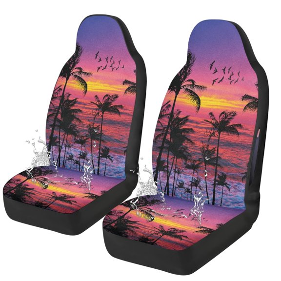 Uourmeti Full Surround Front Car Seat Covers for Auto, Polyester Fabric Stretchy Vehicle Seats Cushion, Tropical Sunset Palm Pattern