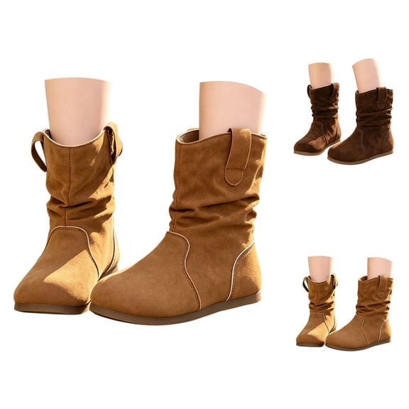 Otqutp Kids Mid Calf Boots for Girls aux Suede Ruched Tall Boots with Pull Tabs Soft Flat Non Slip Rubber Sole Boots Autumn Winter Outdoor Wear