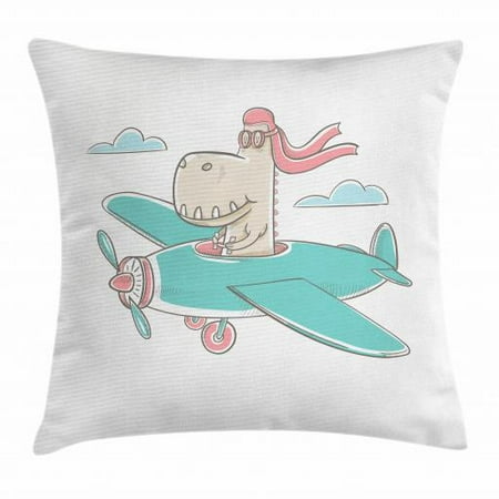 24 Coral Shell - Kids Girls Throw Pillow Cushion Cover, Dinosaur Flying A Plane in Sky Cool Hipster Funny Boys Graphic, Decorative Square Accent Pillow Case, 24 X 24 Inches, Turquoise Eggshell Coral, by Ambesonne