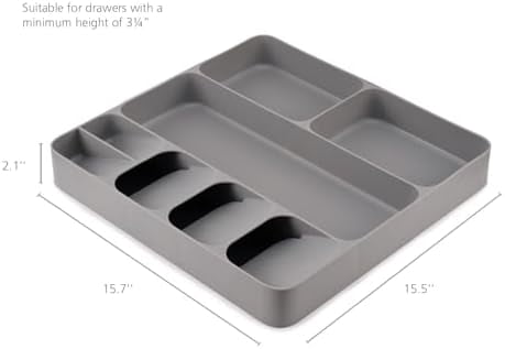 DrawerStore Compact Utensil Organizer For Kitchen Drawer Silverware, Flatware Tray, Large, Grey