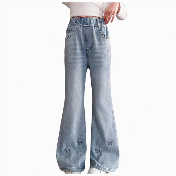 CAUYDY Tween Girl Embroidered Jeans School Girls Elastic Waist Denim Bottom Pants with Pocket Sizes 9-11 Years