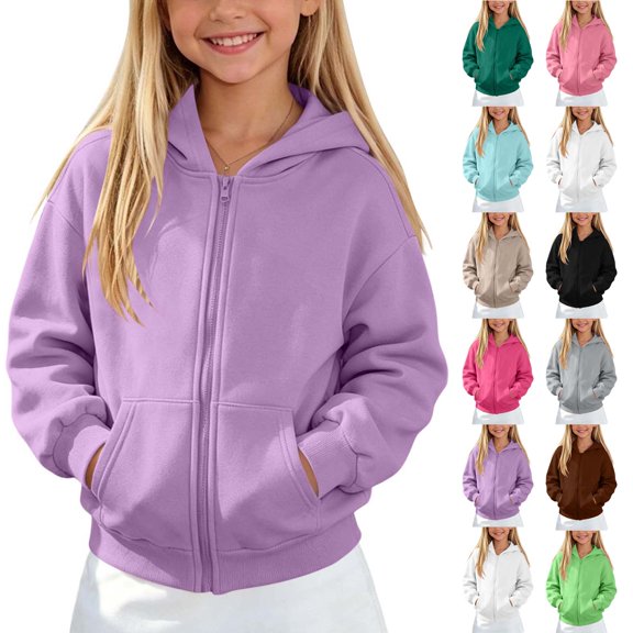 HomeDM Boys and Girls Long Sleeve Sweatshirts with Pockets Zip-Up Hoodies Solid Color Unisex