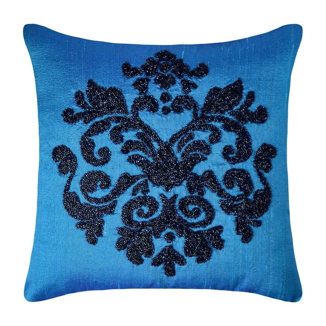 Decorative Pillow Cover, Blue 18"x18" (45x45 cm) Throw Pillow Covers, Silk Beaded Throw Pillows For Couch, Damask Pattern Modern Style - Damask Silk Blue