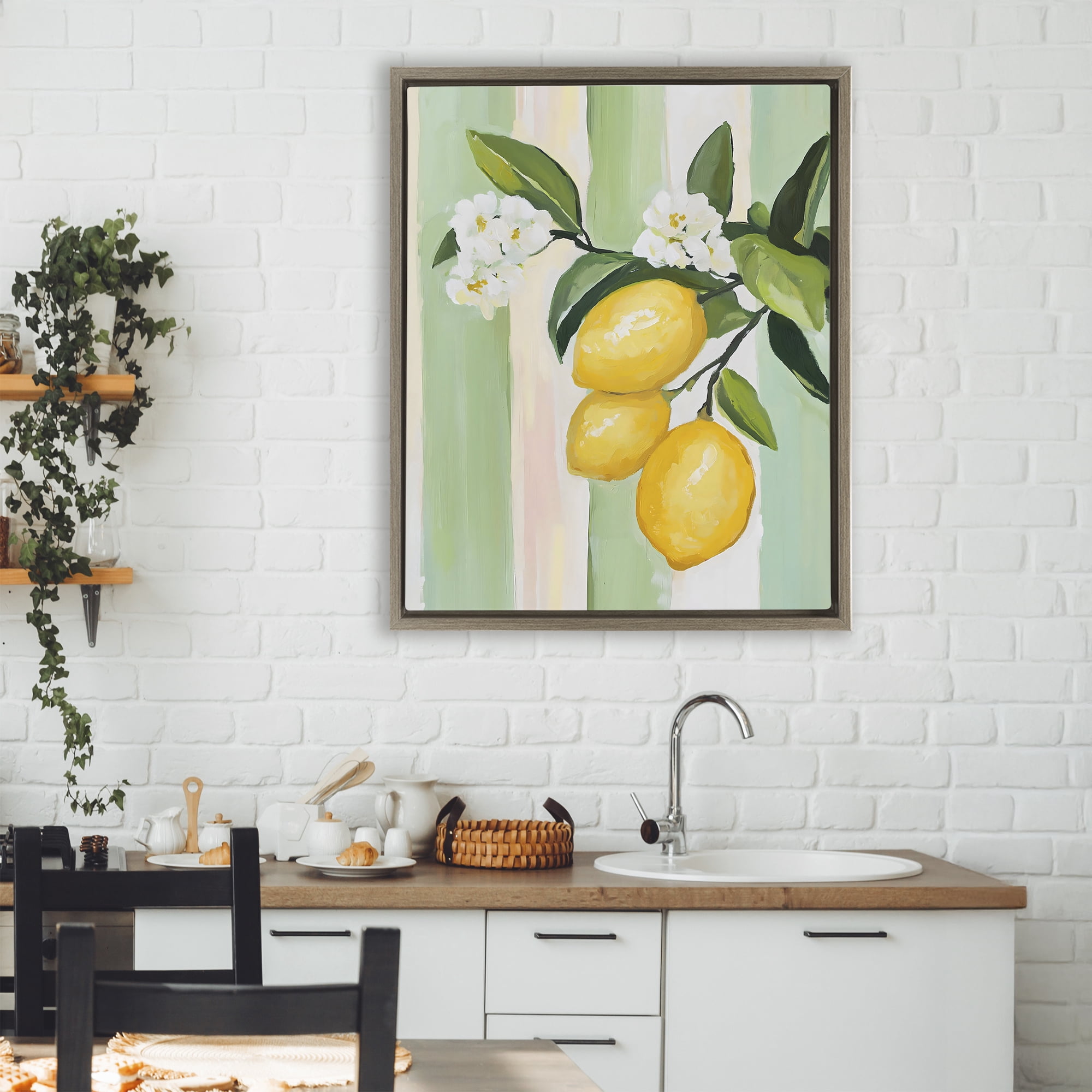 Stupell Industries Lemons & Flowers on Stripes Brown Framed Floater Canvas Wall Art, design by The Prints Vibe