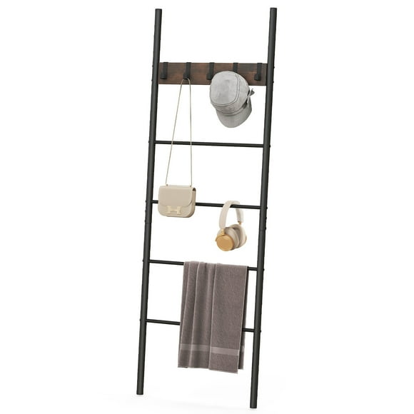Gymax 5-Tier Ladder Shelf Wall Leaning Blanket Ladder w/5 Removable Hooks Rustic Brown