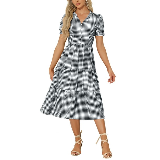 Vestido de cuadros de mujer Inspire Chic con volantes, escote en V, decoración de botones, vestido midi fluido, negro M