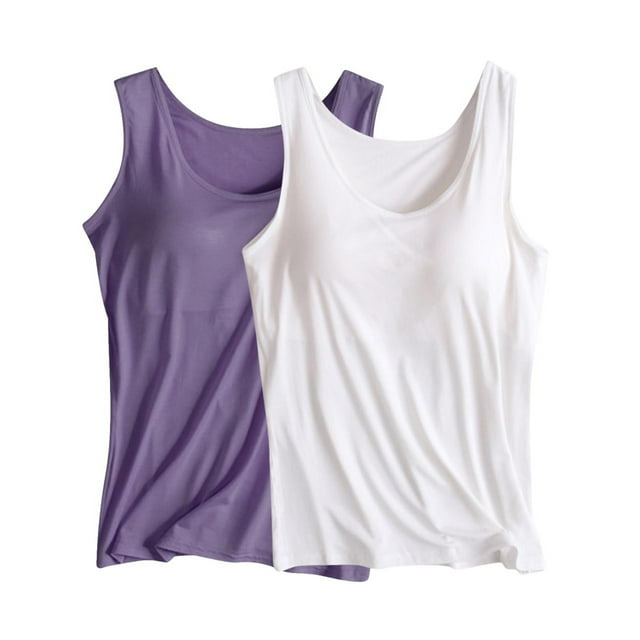 Timegard 2pc Tank Tops for Women Built in Bra Plus Size Round Neck Soft Sleeveless Pajamas Loungewear