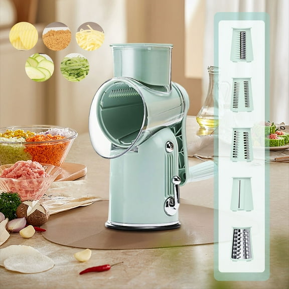 SNGMN 5-in-1 Rotary Grater with Handle, Stainless Steel Blades, and Strong Suction for Cheese, Vegetables, and Food Slicing