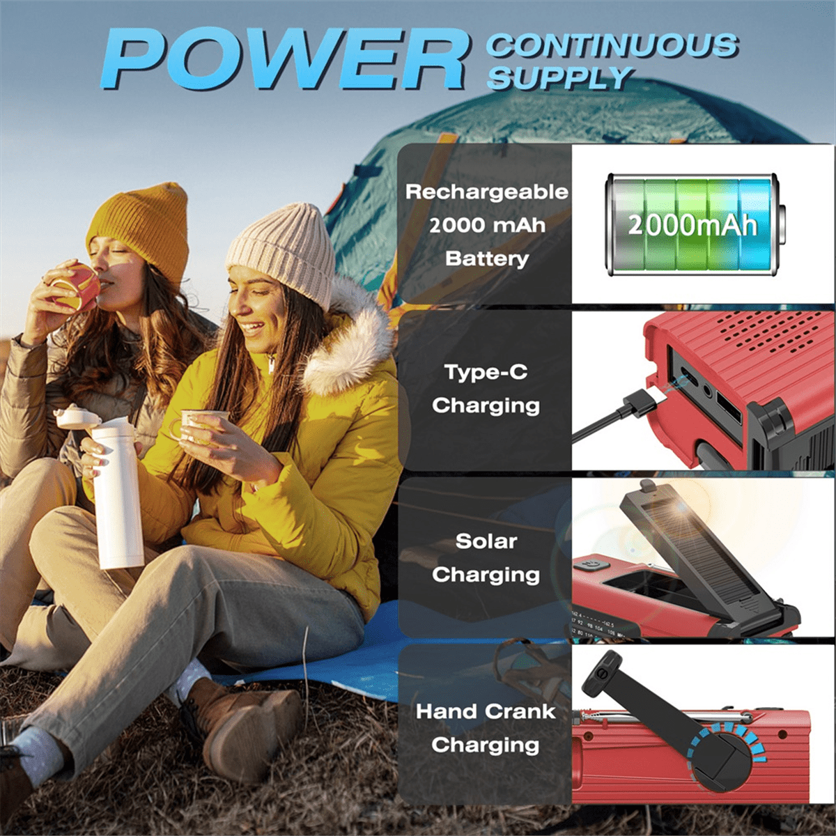Emergency Weather Radio, 2000MAh Weather Alert Radio Solar Charging, Hand Crank & USB , AM/FM Radio Gray