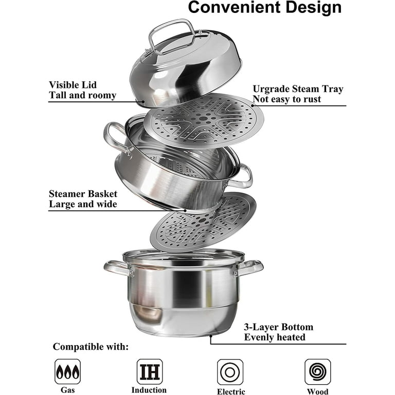 Stainless Steel Steamer for Cooking, 3 Tier Steamer Pot, 11 Inch