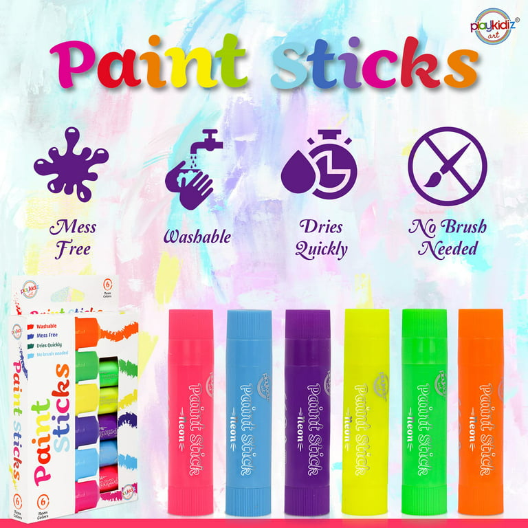 Playkidiz Paint Sticks, 6 Pack, Neon Colors, Twistable Crayon Paint Sticks,  Mess-Free Tempera & Poster Paint, Quick Drying, Great Birthday Gift, Ages