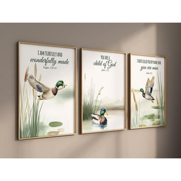 UNFFRAMED Duck Wall Art Set Of 3, Bible Verse Prints With Mallard Ducks, Christian Nature Nursery Or Rustic Cabin Decor, Room Decor, Baby Room #106 Set 3 Prints 8x12