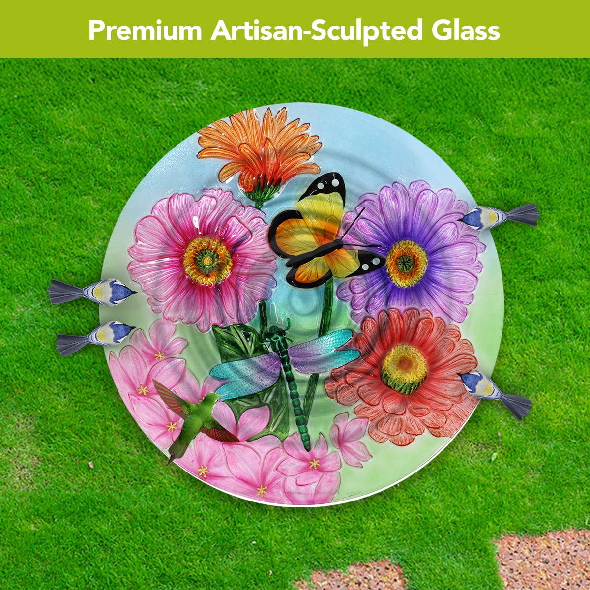 Briarwood Lane Spring Glass Birdbath Including Metal Stand Zinnias in Bloom For Spring Birdbath