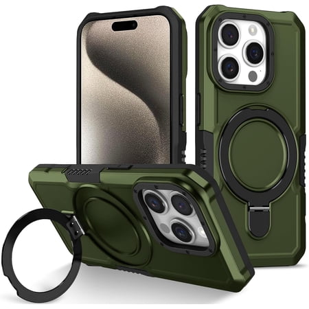 Stand Phone Case for iPhone 14 Pro Hard PC+Soft TPU+Fulcrum Bracket Phone Case Shockproof Anti-Drop Protective Cover 14 Pro Military Cases Bult-in Hidden Bracket Green