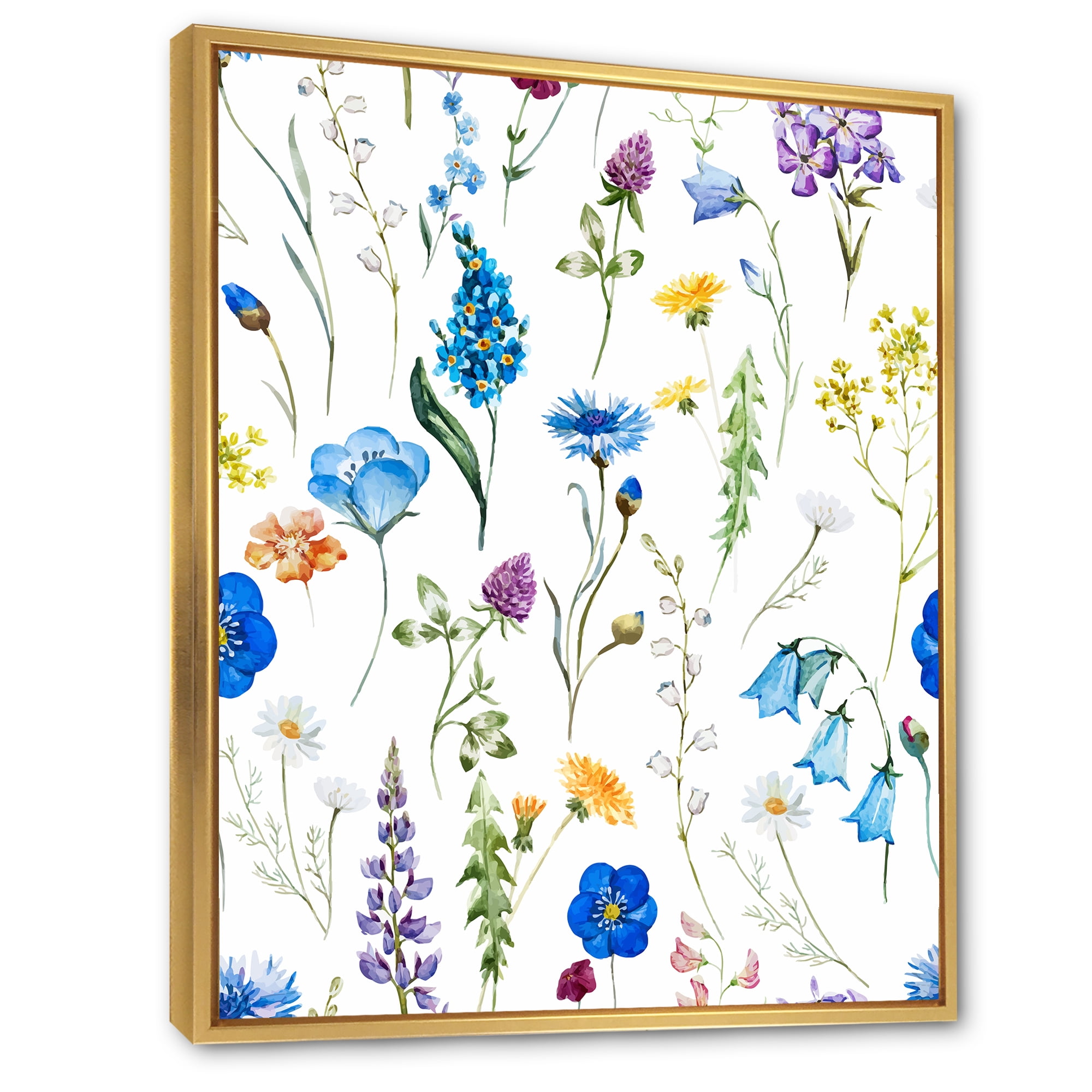 Designart 'Blue Wildflowers With Leaves I' Traditional Framed Canvas Wall Art Print