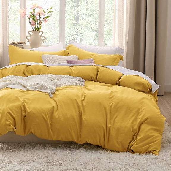 King Size Duvet Cover Set 3-Piece, Prewashed Soft Bedding Set with Zipper Closure, Includes Duvet Cover and Pillow Shams, Mustard Yellow