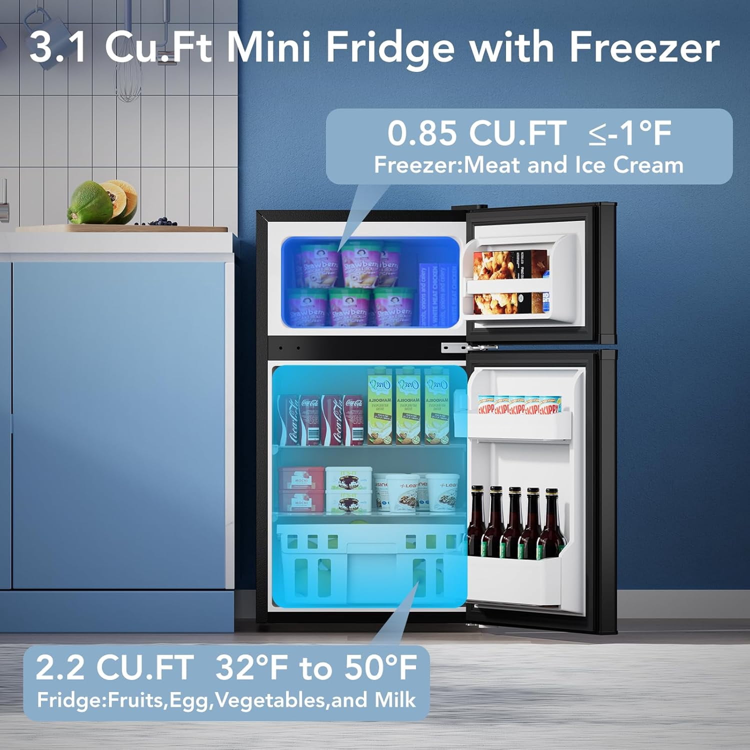 3.1 Cu.Ft Double-Door Compact Mini Fridge with Freezer & Adjustable Glass Shelves - Black for Dorm, Bedroom, Apartment