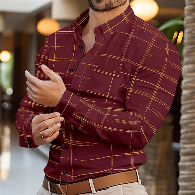Camisa a cuadros de manga larga con botones y solapa para hombre, ropa de oficina para primavera y otoño, bolsillo delantero, negro, blanco y rojo