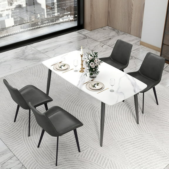 bokifol Faux Marble Dining Table,63" Modern Dinner Table for 6 Person,Farmhouse Rectanglur Kitchen Table for Living Room,Long Dining Room Table with Strong Pedestal