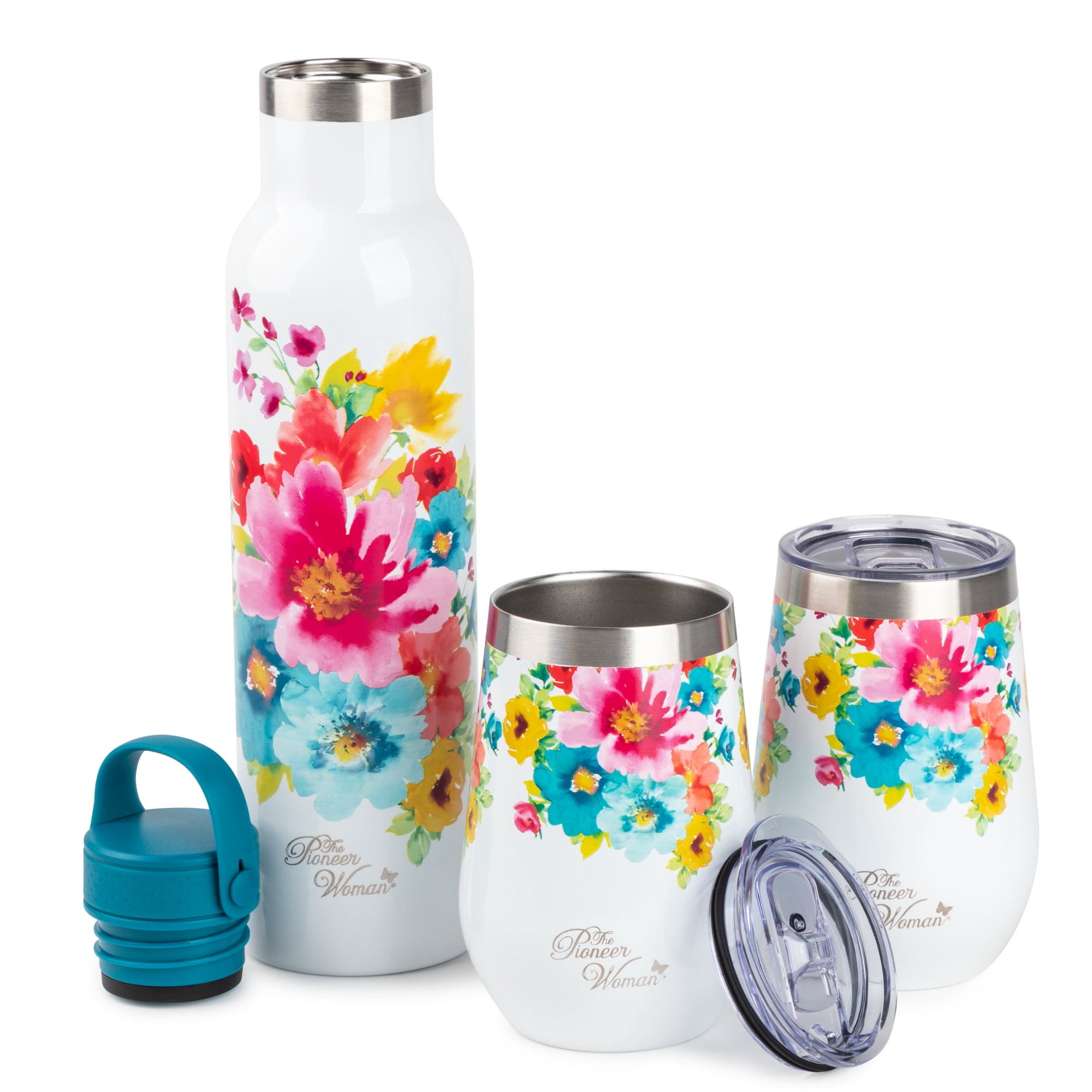 The Pioneer Woman Stainless Steel Tumbler 25 fl oz, Floral, with 2 Wine Tumblers