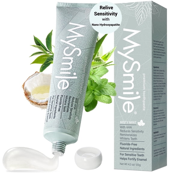 MySmile 10% Nano-Hydroxyapatite Toothpaste for Sensitive Teeth, Fluoride-Free Teeth Whitening Toothpaste, SLS Free, Repair Enamel & Remineralizer, Fresh Breath for Adults Natural Misty Mint, 4.2oz