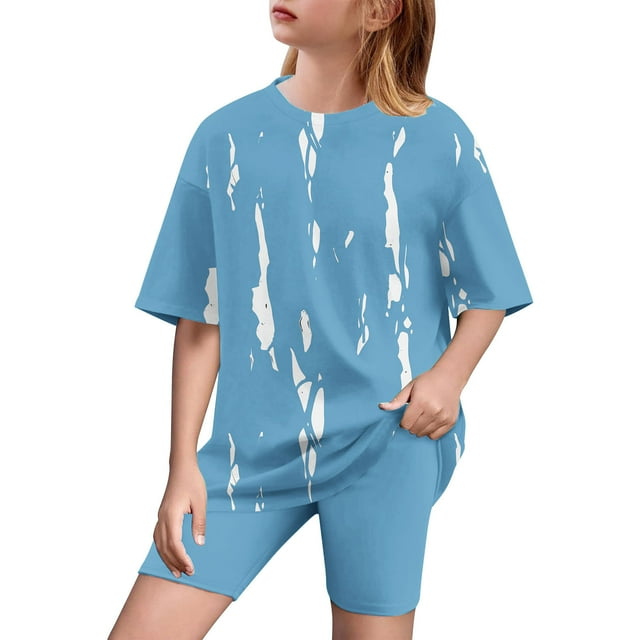 Vêtements d'Été pour Filles, T-Shirt Ample à Col Rond + Short Cycliste Ensemble 2 Pcs