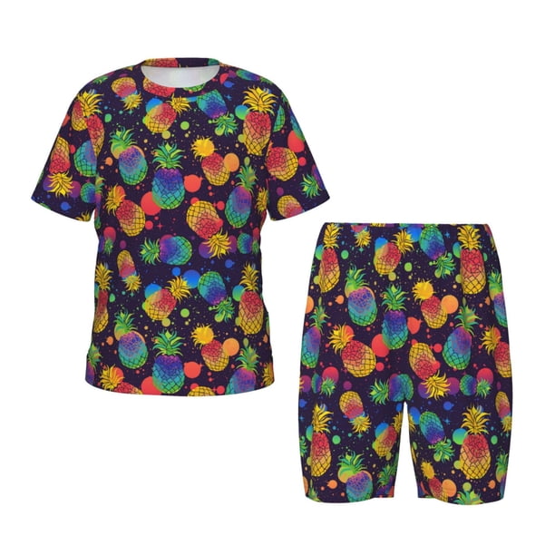 Balery Colorful Pineapples1 Conjunto de Pijama Infantil de Manga Corta con Estampado – Ropa de Dormir de Algodón Suave-X-Large