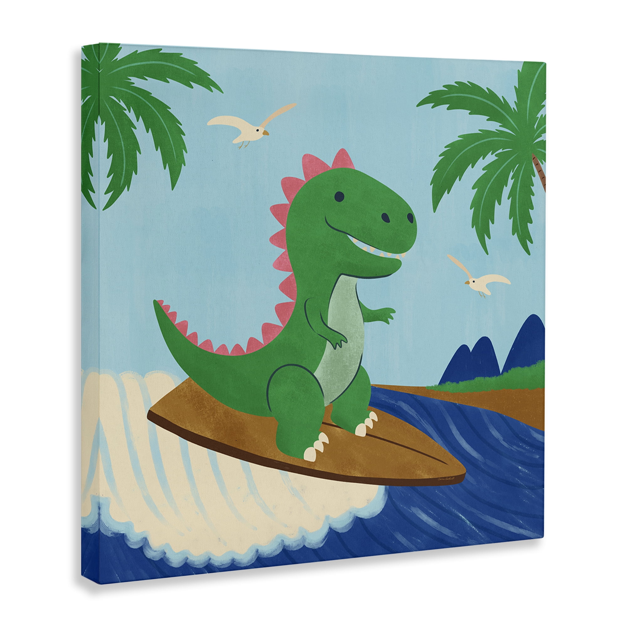 Stupell Industries Baby Surfing Dino Animals Painting Wrapped Canvas Art Print Wall Art, 17 x 17