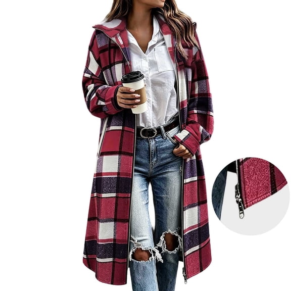 Womens Plaid Shacket Jacket Long Flannel Coat Casual Lapel Collar Dual Zip Up Trench Coats Fall Long Sleeve Trench Coat
