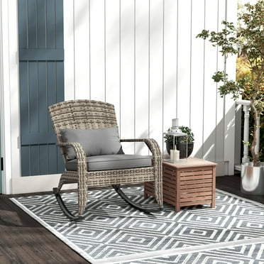 Outdoor Wicker Rocking Chair, High Back Patio Rattan Rocker Chair with Soft Seat Cushion and Pillow, Outdoor Porch Rocker for Garden, Porch, Balcony, Gray Removable Seat Cushion
