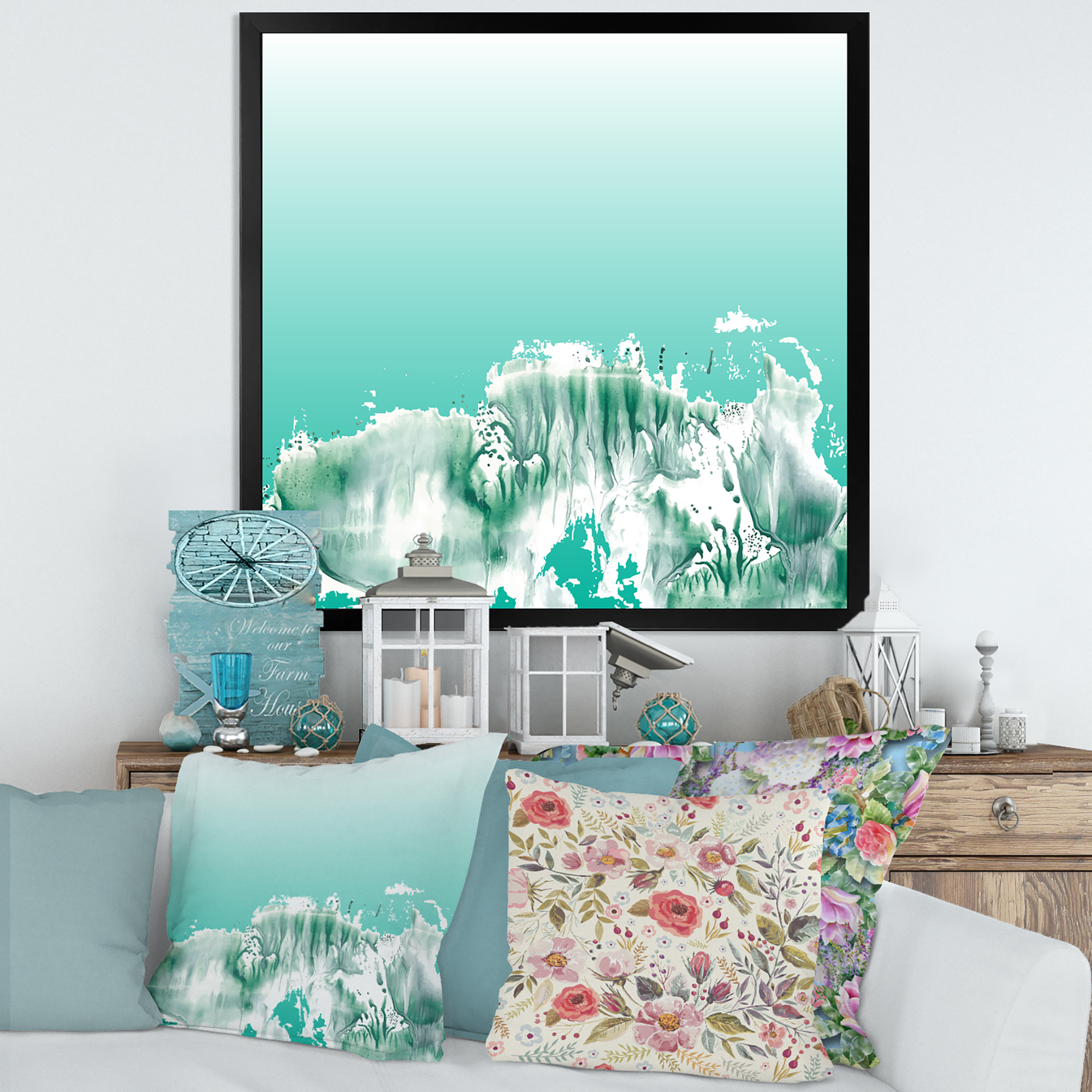 Designart 'Auquamarine Landscape Turquoise Splashes' Traditional Framed Art Print