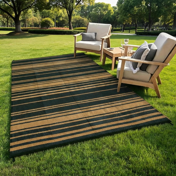 Waterproof Outdoor Rug 8x10 Modern Striped Lines Plastic Straw Patio Camping Rug Indoor Outdoor RV Mat Carpet for Deck Camper Porch Balcony Backyard Picnic, Black Brown