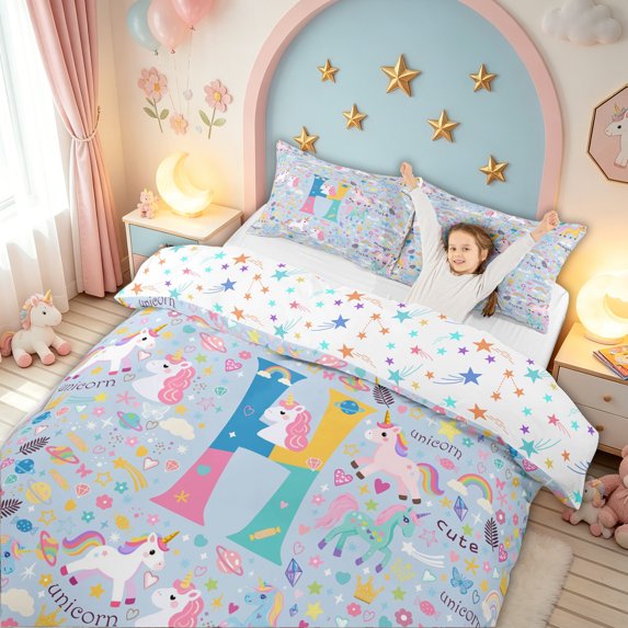 meiyoeat Cute Unicorn Initial Twin Duvet Cover for Kids, Cartoon Monogram Twin Bedding, Blue Multicolor, Colorful Star Reversible, 2 Pieces, 1 Duvet Cover and 1 Pillowcase