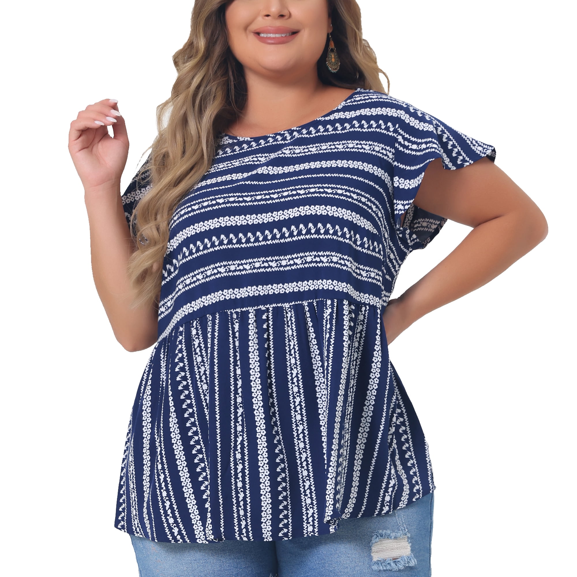 Women's Plus Top Boho Floral Printed Round Neck Ruffle Sleeve Blouses Shirts 1X Dark Blue