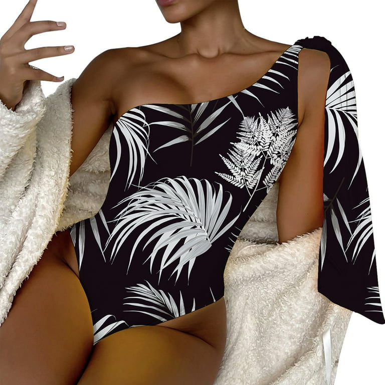 WEAIXIMIUNG Plus Size Swim Top with Built In Bra Women's Summer 1 Shoulder  Strap Strap Retro Print Backless Swimsuit Black XL