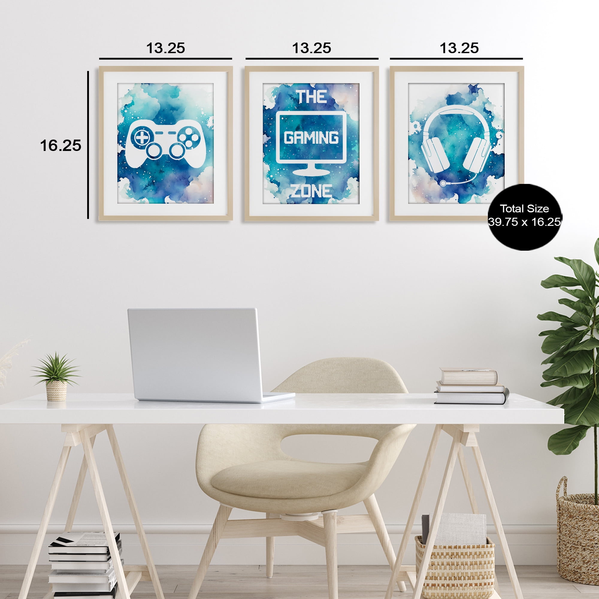 Blue Gamer Splatters 3 Piece Birch Framed Print Under Glass Set, design by Marcus Prime