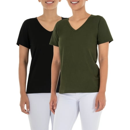 Time and Tru Women's Pima Cotton Blend V Neck Tee, 2-Pack, Sizes XS-XXXL