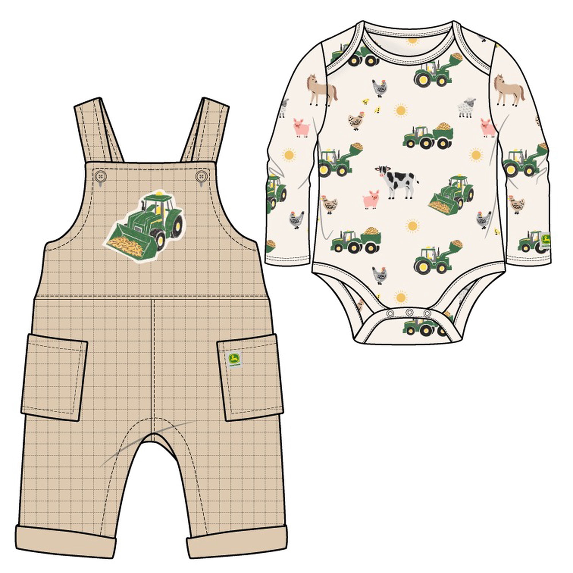 John Deere Baby Boys' 2-Piece Bodysuit and Overalls Set Khaki Cream