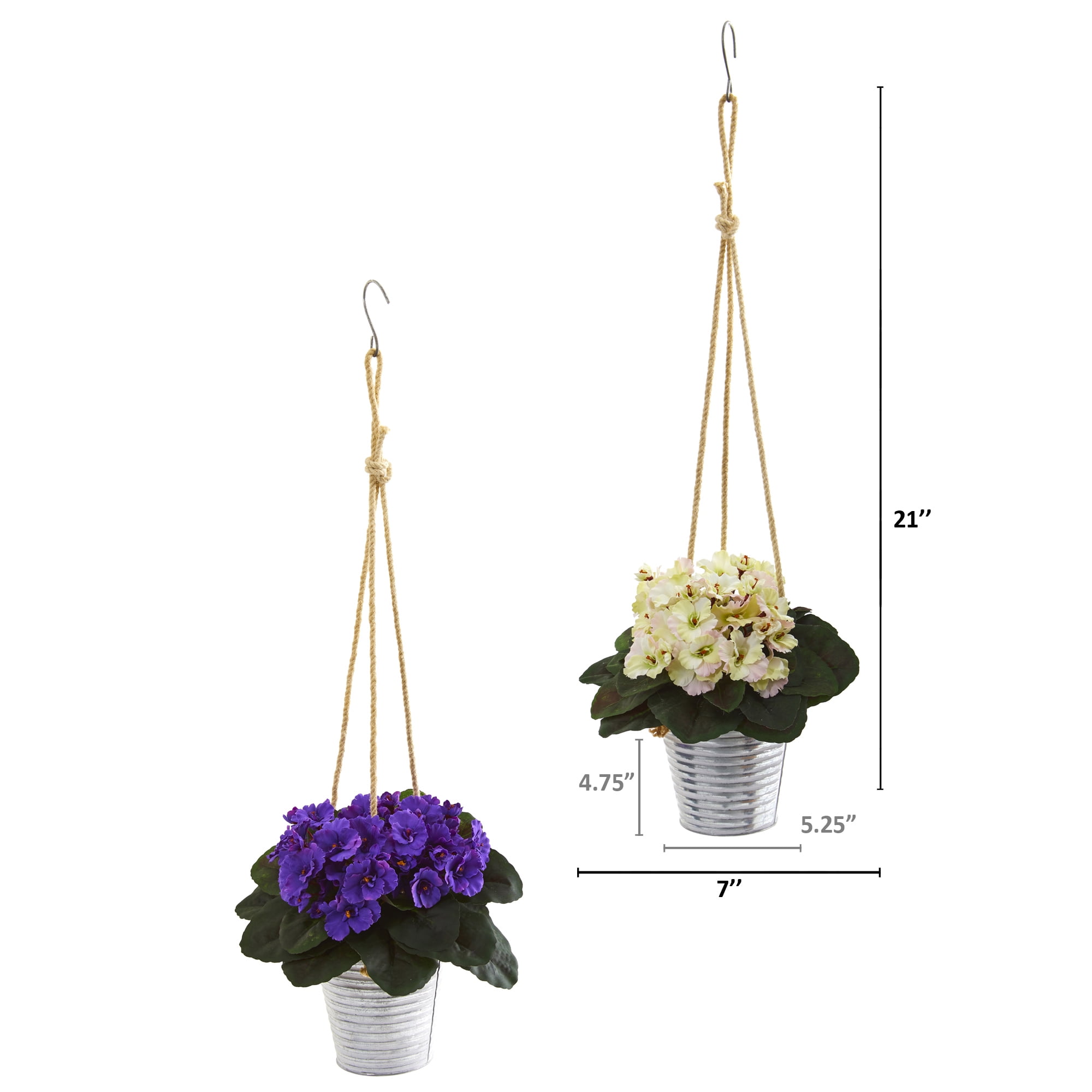 Nearly Natural 21in. African Violet Artificial Plant in Hanging Bucket (Set of 2)