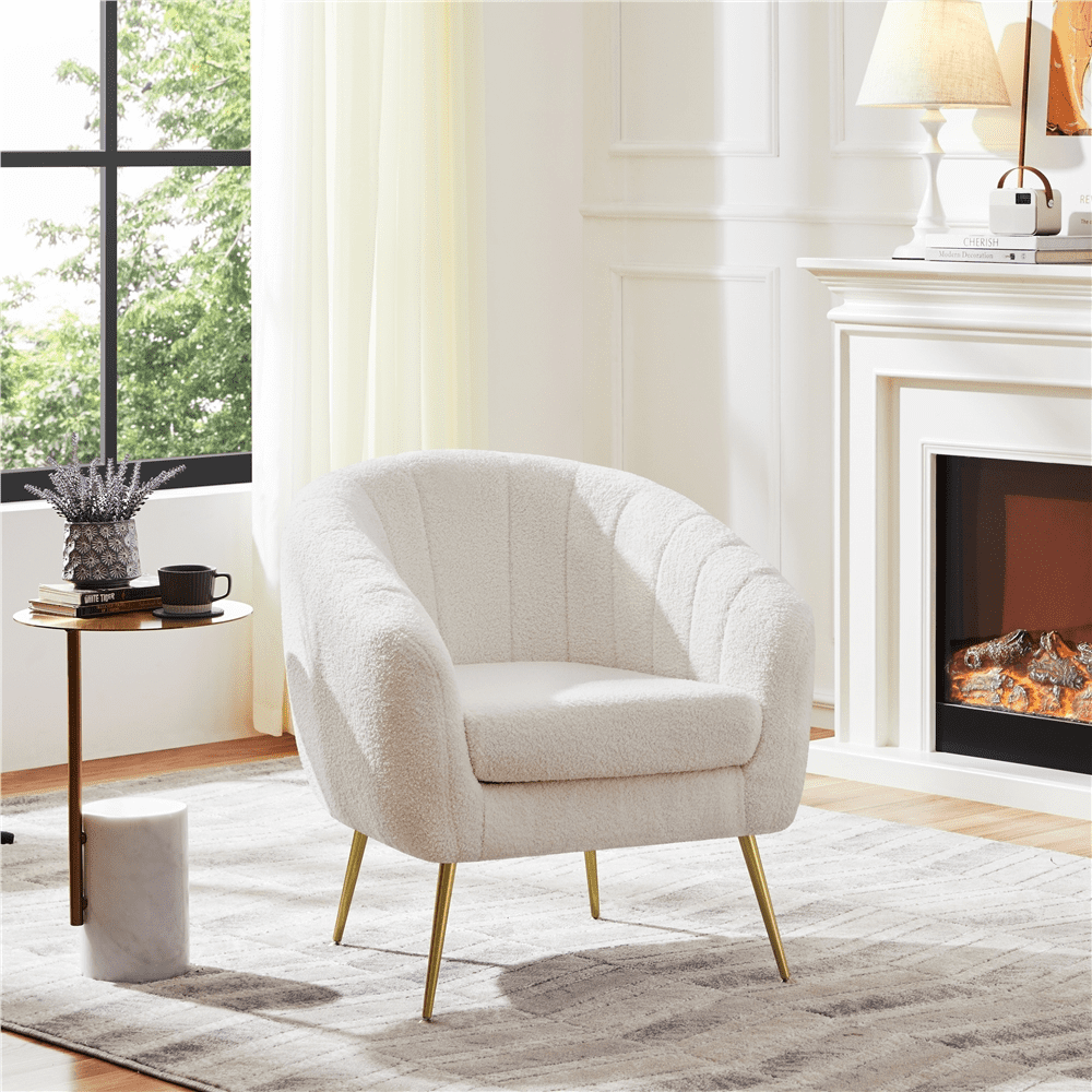 Alden Design Modern Tufted Boucle Barrel Accent Armchair with Gold Metal Legs for Living Room, Ivory