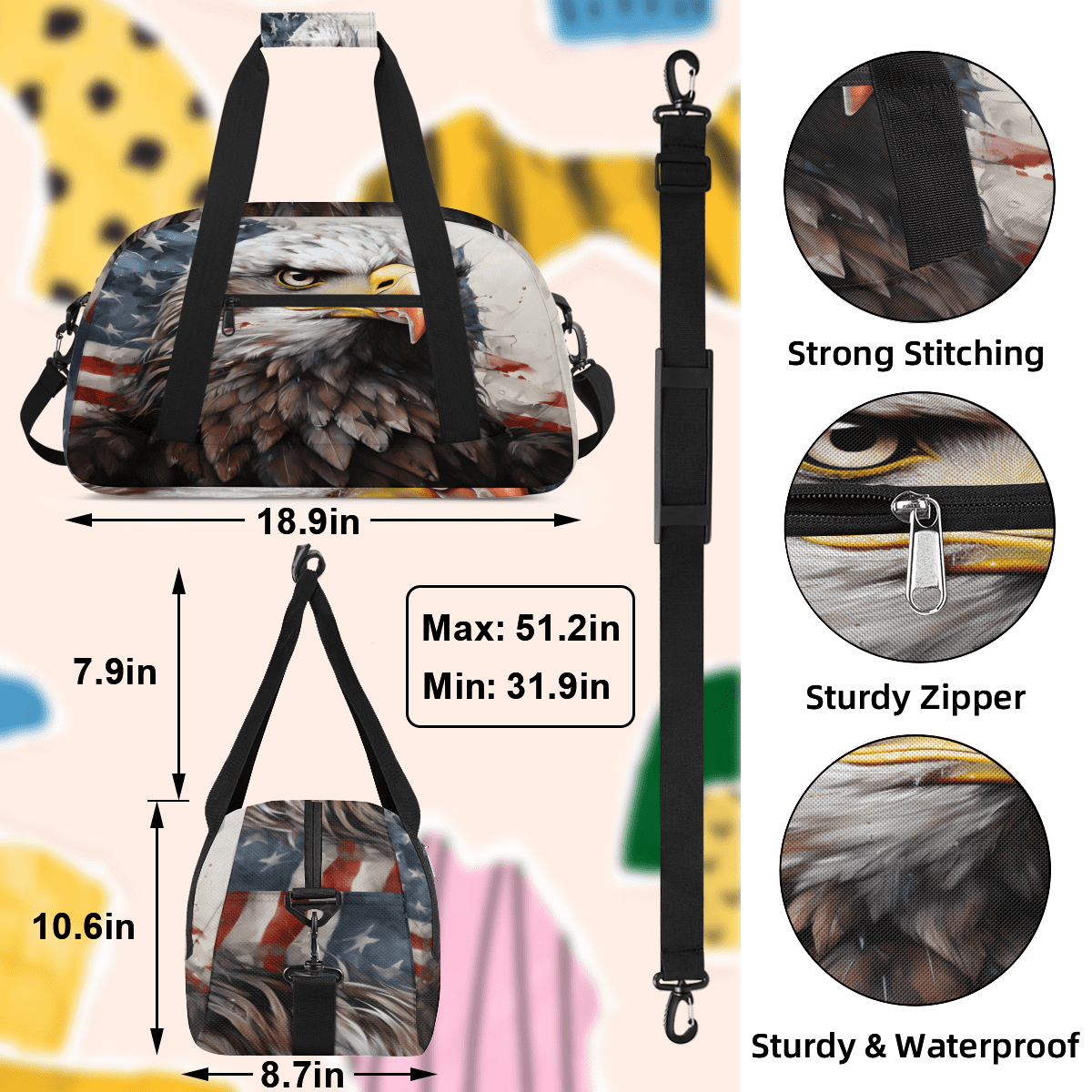 Herdesigns America Eagles Sports Duffle Bag for Women & Men, American Flag Gym Bag Dance Bag Overnight Bag Carry On Weekender Travel Bag