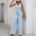 thumbnail image 3 of Pounoo Women's Jumpsuits Sleeveless V Neck Striped Print Overalls with Waist Tie Belt Casual Summer Loose Wide Leg Comfort Rompers Gift, 3 of 7