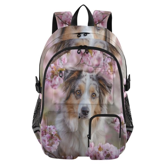 DIXRUYEE Soft Cherry Blossom Collie Backpack for School 14”Laptop Compatible with Reflective Safety Strips