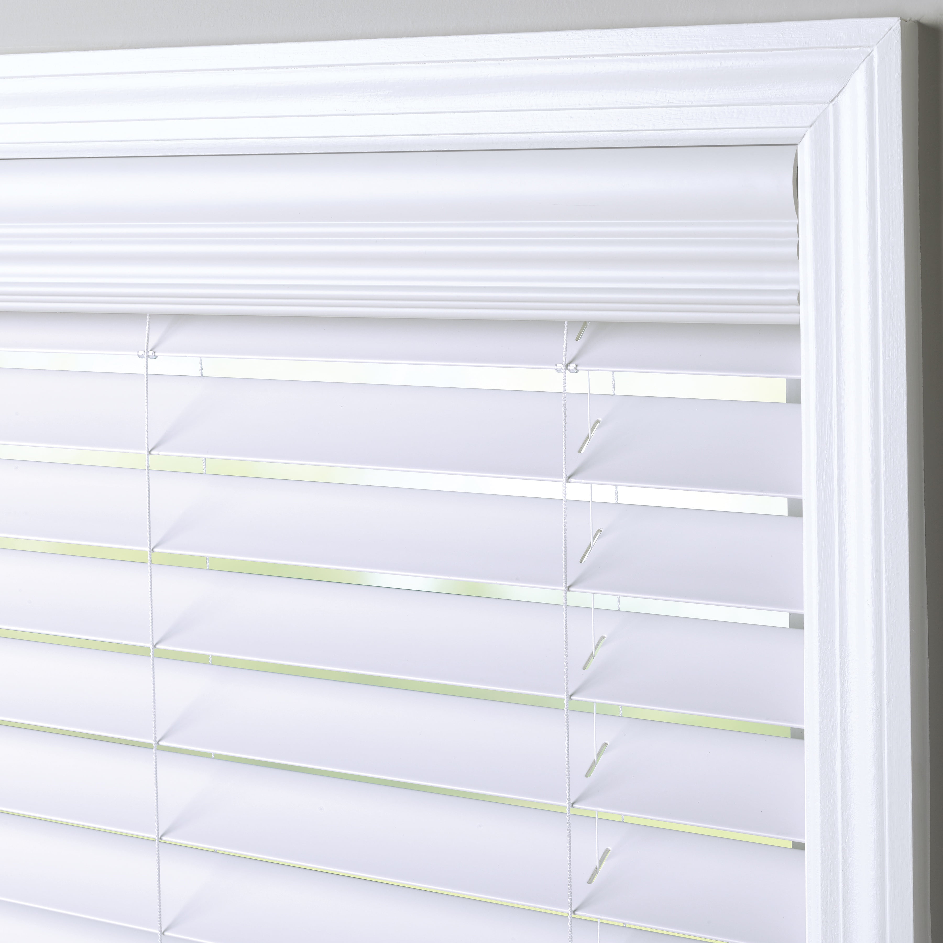 Coverscaped 2.5" Cordless Faux Wood Smooth White Blinds with 3.25" Crown Valance, 34.5" x 74"