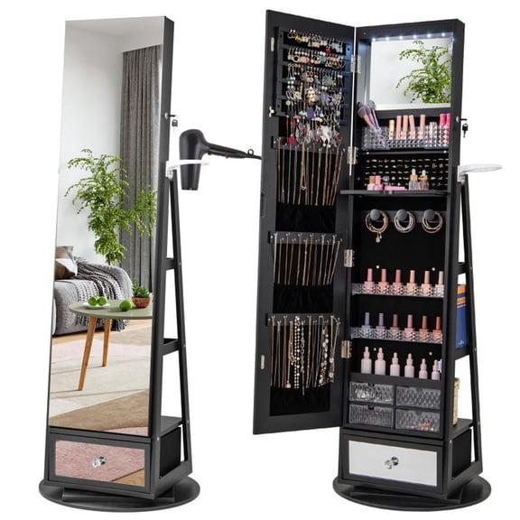 Furnibear Lockable 360 Swivel Jewelry Cabinet with Full-Length Mirror and LED Lights for Bedroom Dressing Room to Organize Rings Necklaces and Accessories, Black