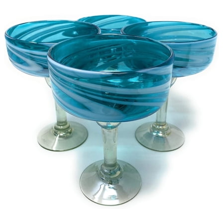 Mexican Hand Blown Glass – Set of 4 Hand Blown Margarita Glasses Aqua Swirl (16 oz)