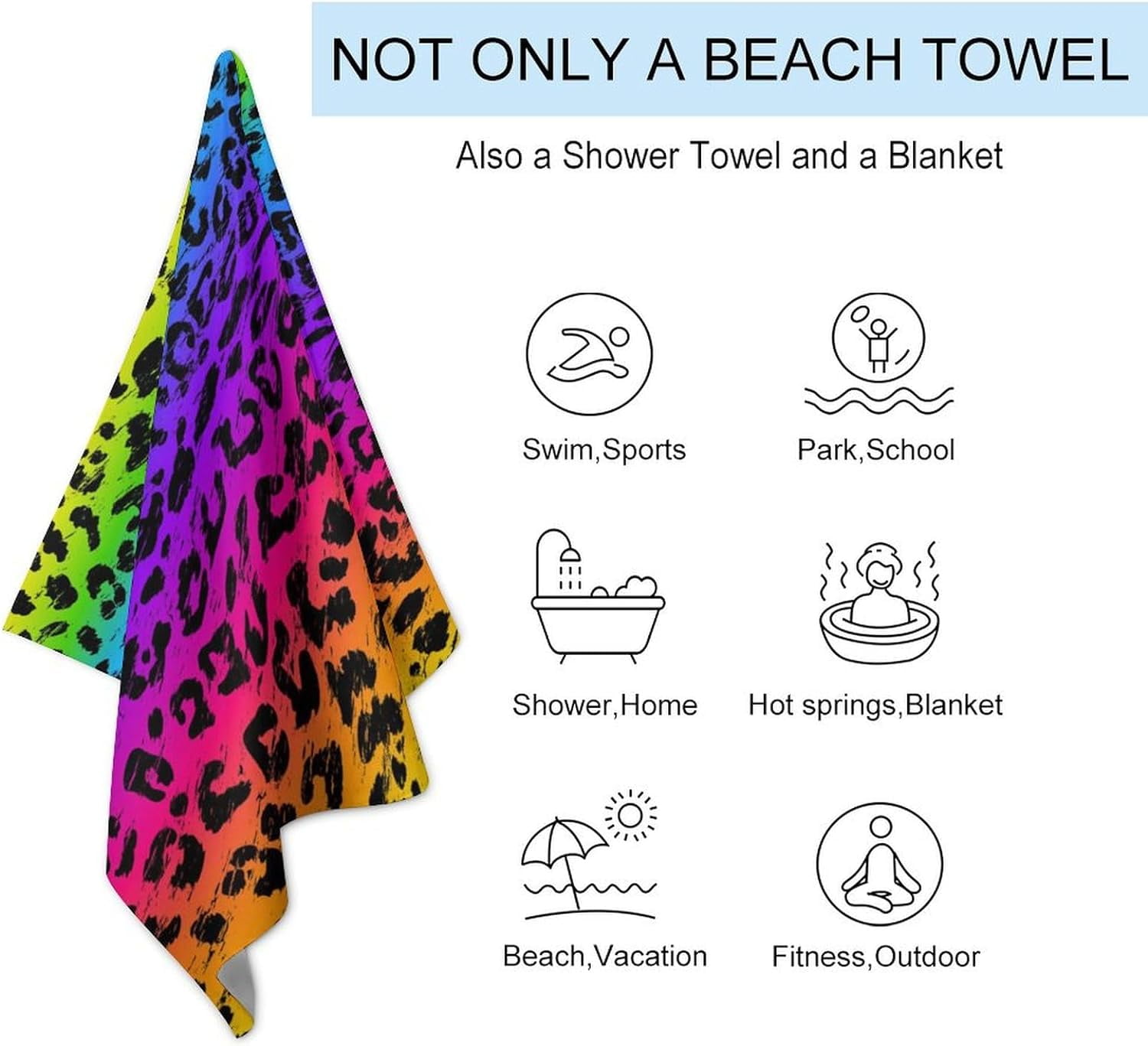 Beach Towel 31" x 51", for Rainbow Colorful Cheetah Leopard Print Bath Towels, Effective, Absorbent and Quick Dry Beach Towel, Washer Safe Towel, Eco-Friendly for Adults
