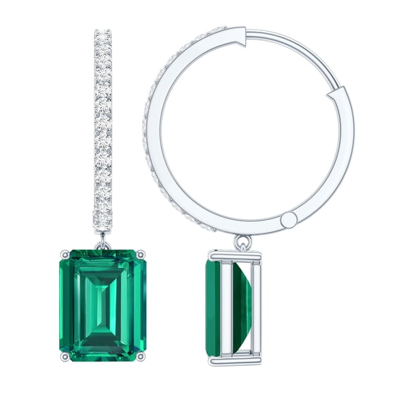 Rosec Jewels Certified Lab Grown Emerald Drop Earrings for Women (4.6 Carat, AAAA Quality) - Emerald Hoop Earrings with Diamond, 10K White Gold