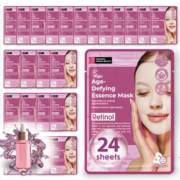 Original Derma Beauty 24 Pack Age-Defying Retinol Essecne Mask Sheet - Face Mask Skin Care Face Masks Skincare, Facial Masks for Women Skin Care